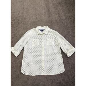 Tommy Hilfiger Women's Polka Dot Navy Ivory Size 2X Roll Tab Sleeve
